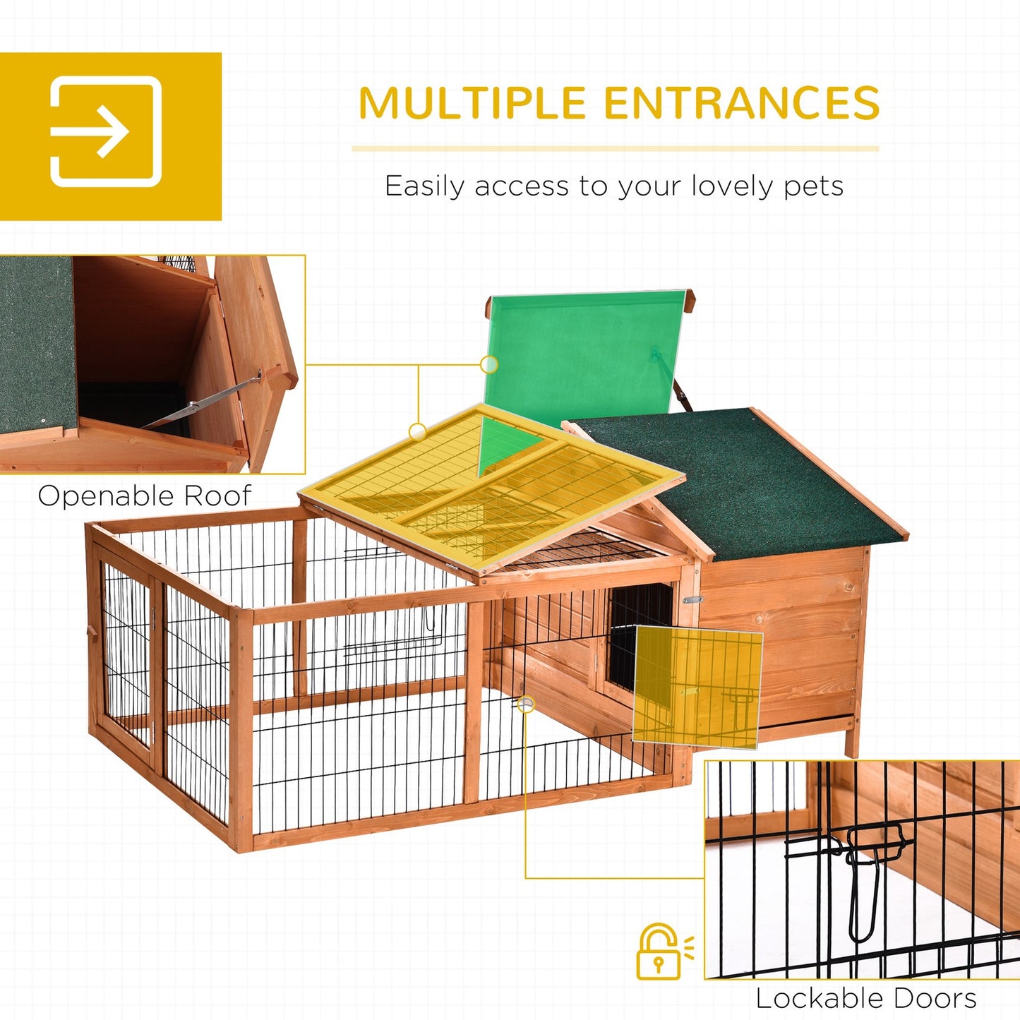Wooden Rabbit Hutch, Guinea Pig Hutch Outdoor Cage W/ Run & Tray, Lockable Door