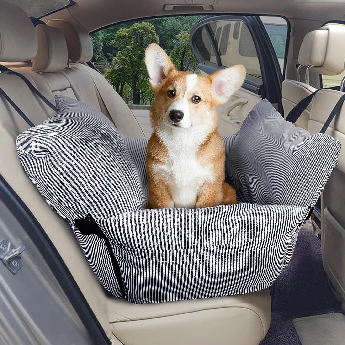 Dog Car Seat for Medium Dogs under 60 Lbs Pet，2 in 1 Booster Seats Dog Bed for Car and Home Safety Travel Carrier with 2 Pockets, Blau Stripes