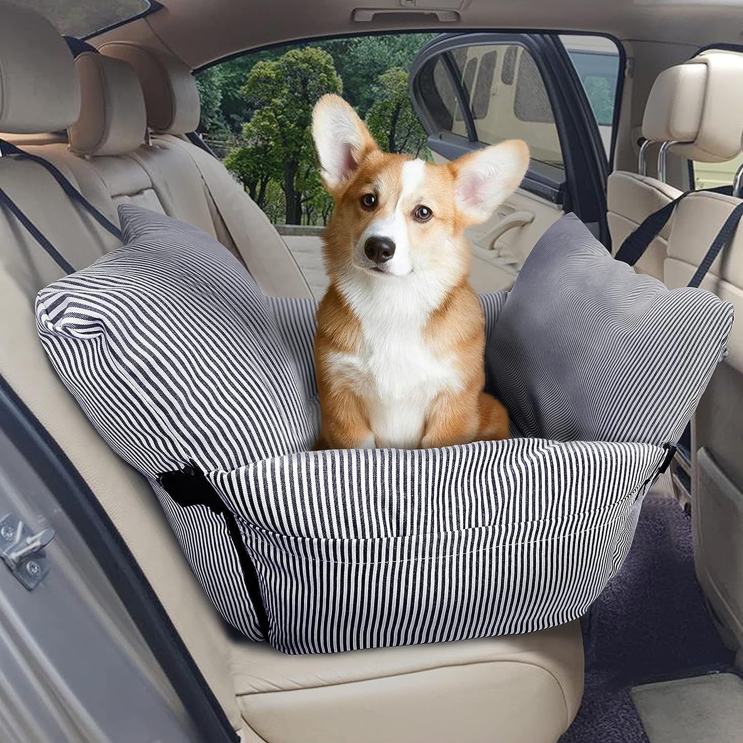 Dog Car Seat for Medium Dogs under 60 Lbs Pet，2 in 1 Booster Seats Dog Bed for Car and Home Safety Travel Carrier with 2 Pockets, Blau Stripes