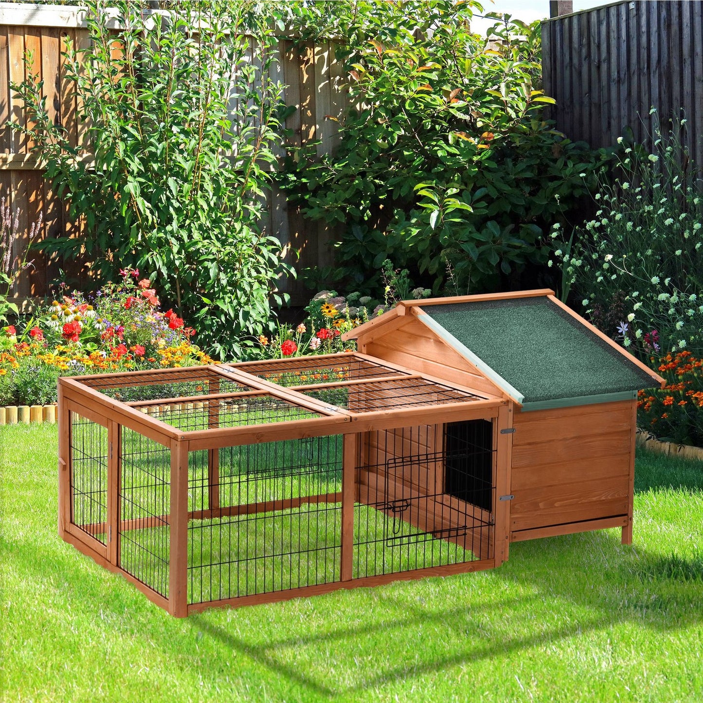 Wooden Rabbit Hutch, Guinea Pig Hutch Outdoor Cage W/ Run & Tray, Lockable Door